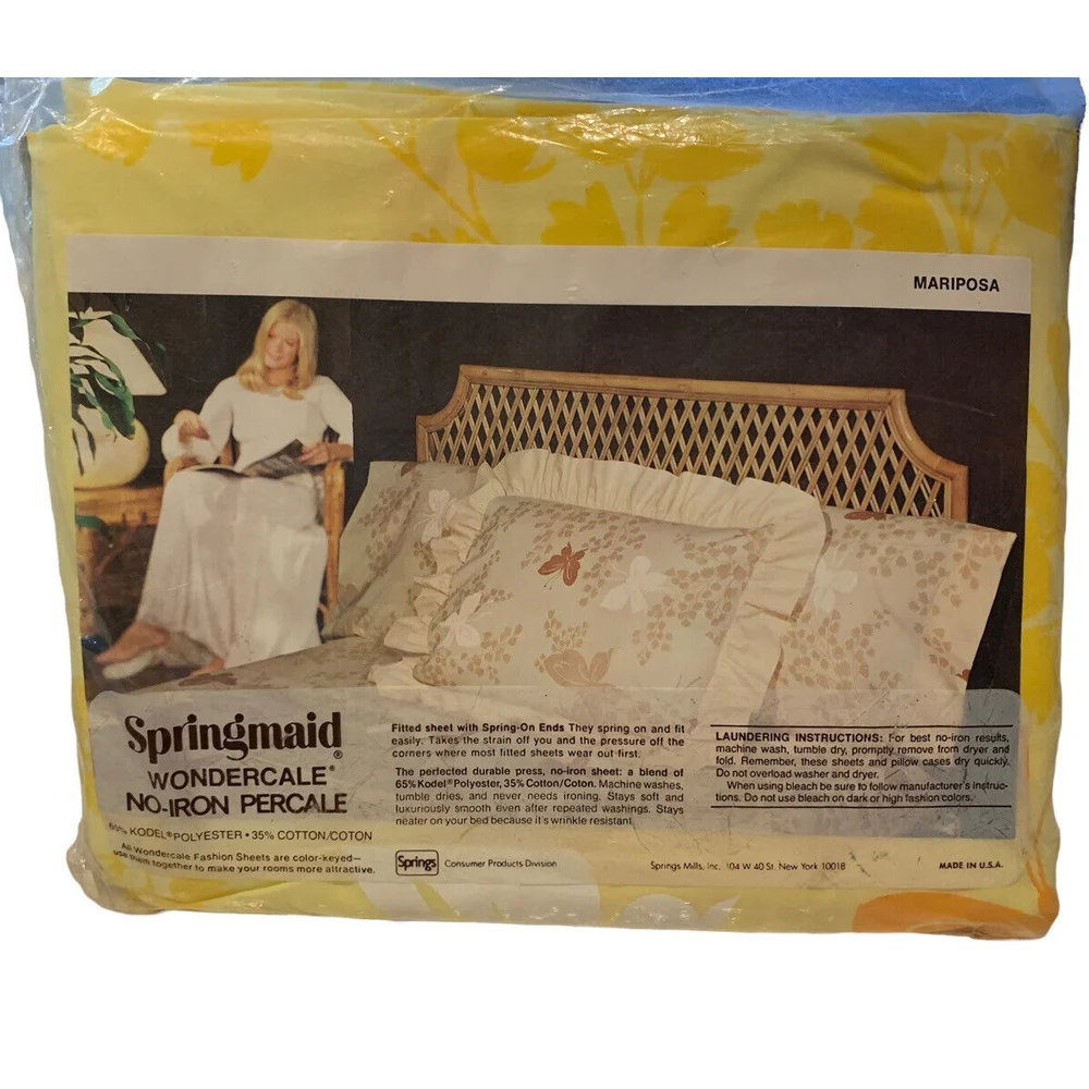 Vtg Springmaid No Iron Percale Double Full Fitted Sheet Yellow Butterfly NEW NOS
